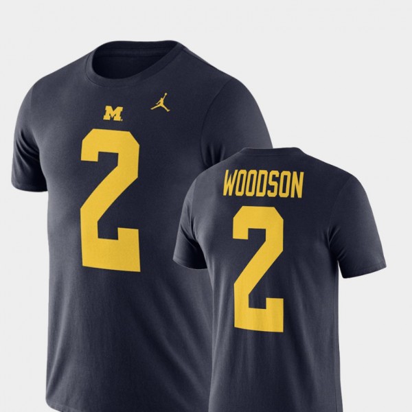 Michigan #2 Mens Charles Woodson T-Shirt Navy Embroidery Jordan Football Performance