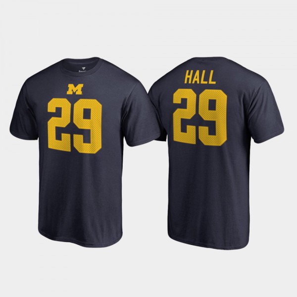 Michigan #29 Mens Leon Hall T-Shirt Navy Name & Number College Legends Player