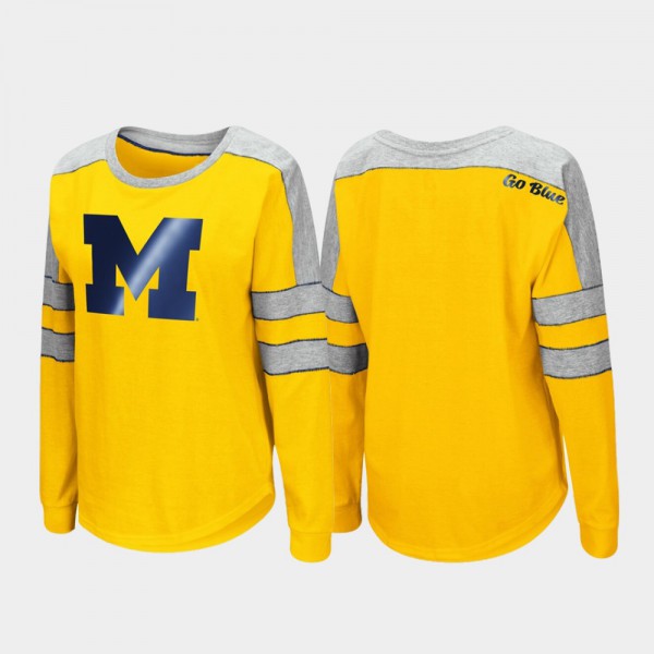University of Michigan Women T-Shirt Maize Long Sleeve Trey Dolman University
